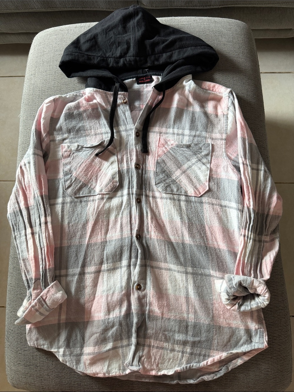 Women's Pink & Gray Plaid Hooded Button-Up Shirt